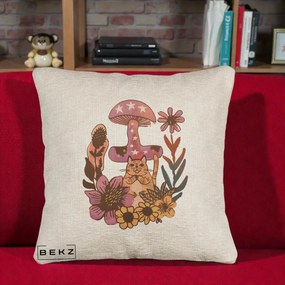 Perna Decorativa Ciuperca Pisica Boho, 40x40 cm, Bej Canapea, Husa Detasabila, Perna Inclusa, BEKZ®
