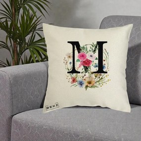 Cadou Personalizat - Perna Personalizata Monogram Litera M cu Flori Acuarela, 40x40 cm, Ecru, Husa Detasabila, Perna Inclusa, BEKZ®