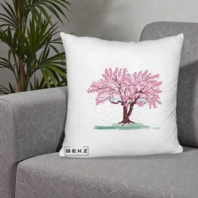 Perna Decorativa Cires Inflorit Acuarela, 40x40 cm, Alb Pufos, Husa Detasabila, Perna Inclusa, BEKZ®