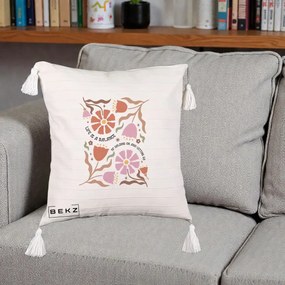 Perna Decorativa Life is a Balance Floral, 40x40 cm, Bej cu Franjuri, Husa Detasabila, Perna Inclusa, BEKZ®