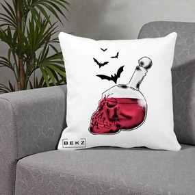 Perna Decorativa Halloween Craniu-Sticla cu Lilieci, 40x40 cm, Alba Mata, Husa Detasabila, Perna Inclusa, BEKZ®