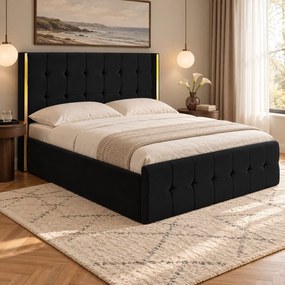 Pat tapițat din catifea Aven 140×200 cm, negru, cu ladă de depozitare