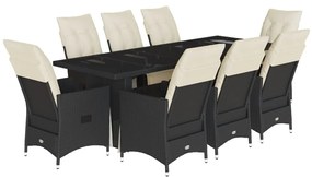 3277257 vidaXL Set bistro de grădină, 9 piese, cu perne, negru, poliratan