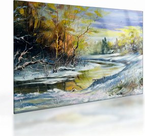 Tablou pe sticlă - Râu de iarnă, pictură în ulei (70x50 cm)