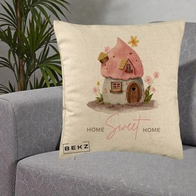 Perna Decorativa Home Sweet Home Casuta, 40x40 cm, Bej, Husa Detasabila, Perna Inclusa, BEKZ®