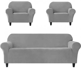 Set huse elastice din catifea pentru canapea 3 locuri + 2 fotolii, cu brate, gri deschis, HCCJS-09