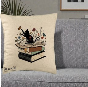 Perna Personalizata Pisica Neagra Carti Flori Fluturi, 40x40 cm, Bej, Husa Detasabila, Perna Inclusa, BEKZ®
