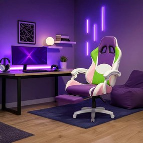 Scaun gaming pentru copii roz/mov din piele ecologica cu lumini RGB OFF 298