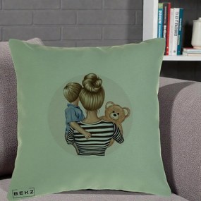 Cadou pentru Mama - Perna Personalizata Mama si Baietelul cu Ursulet, 40x40 cm, Verde, Husa Detasabila, Perna Inclusa, BEKZ®