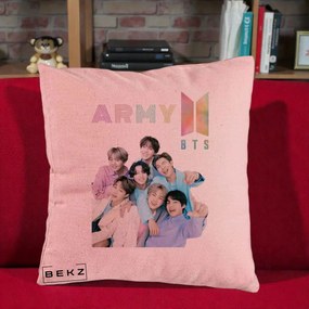 Perna Personalizata K-pop BTS ARMY Fotografie Grup Veseli, 40x40 cm, Roz, Husa Detasabila, Perna Inclusa, BEKZ®