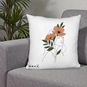 Perna Decorativa Portret Feminin Doua Maci Terracotta, 40x40 cm, Alb Pufos, Husa Detasabila, Perna Inclusa, BEKZ®