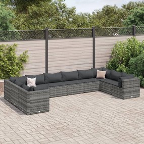 3308282 vidaXL Set mobilier de grădină cu perne, 10 piese, gri, poliratan