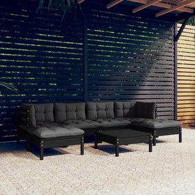 3097089 vidaXL Set mobilier grădină cu perne, 7 piese, negru, lemn de pin