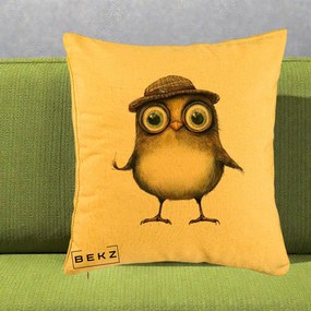 Perna Decorativa Pui Intelectual cu Palarie Tweed, 40x40 cm, Galben, Husa Detasabila, Perna Inclusa, BEKZ®