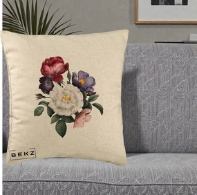 Perna Decorativa Buchet Trandafiri Bujori Botanical, 40x40 cm, Bej, Husa Detasabila, Perna Inclusa, BEKZ®