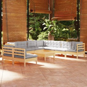 3096832 vidaXL Set mobilier grădină cu perne, 10 piese, gri, lemn masiv pin