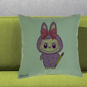 Perna Personalizata Labubu Mov cu Funda Rosie si Creion, 40x40 cm, Verde, Husa Detasabila, Perna Inclusa, BEKZ®
