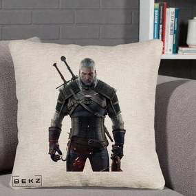 Perna Personalizata The Witcher Geralt of Rivia Portret, 40x40 cm, Bej Canapea, Husa Detasabila, Perna Inclusa, BEKZ®