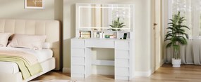 Masuta machiaj cu Oglinda LED si 9 Sertare pentru Cosmetice, Set Masa toaleta 109 cm, Alb, masuta cosmetica, vanity - SEA19