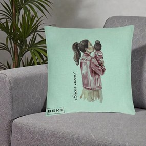 Cadou pentru Mama - Perna Personalizata Super Mom Jachete Roz, 40x40 cm, Verde Menta, Husa Detasabila, Perna Inclusa, BEKZ®