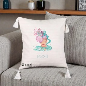 Perna Personalizata Zodiac Pesti Cowgirl, 40x40 cm, Bej cu Franjuri, Husa Detasabila, Perna Inclusa, BEKZ®