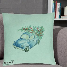 Perna Decorativa Masinuta Albastra cu Brad de Craciun, 40x40 cm, Verde Menta, Husa Detasabila, Perna Inclusa, BEKZ®