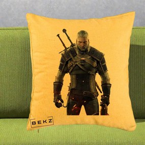 Perna Personalizata The Witcher Geralt of Rivia Portret, 40x40 cm, Galben, Husa Detasabila, Perna Inclusa, BEKZ®