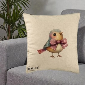 Perna Decorativa Pasare Bleu cu Fundita Roz, 40x40 cm, Bej, Husa Detasabila, Perna Inclusa, BEKZ®