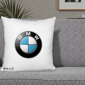 Perna Personalizata cu emblema BMW, 40x40 cm, Alb Pufos, Husa Detasabila, Perna Inclusa, BEKZ®