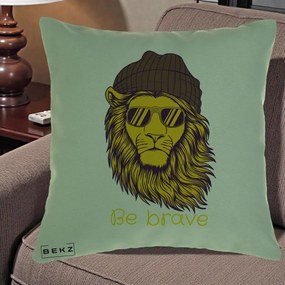 Perna Decorativa Leu Hipster Be Brave, 40x40 cm, Verde, Husa Detasabila, Perna Inclusa, BEKZ®