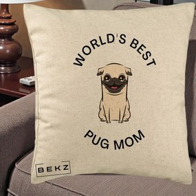 Cadou pentru Iubitorii de Caini - Perna Personalizata World's Best Pug Mom, 40x40 cm, Bej, Husa Detasabila, Perna Inclusa, BEKZ®