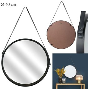 Oglinda rotunda neagra curea din piele NAHAD Ø40 cm
