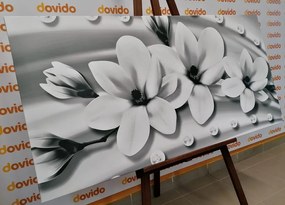 Tablou magnolie luxoasă cu perle în alb-negru