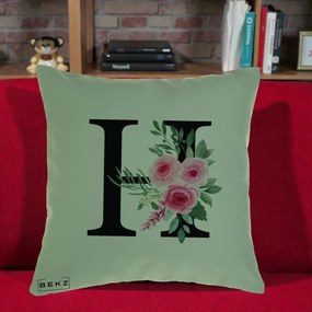 Cadou Personalizat - Perna Personalizata Monograma Florala Litera H cu Trandafiri Roz, 40x40 cm, Verde, Husa Detasabila, Perna Inclusa, BEKZ®