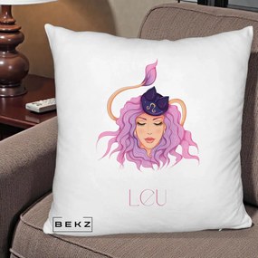 Perna Personalizata Zodie Leu, 40x40 cm, Alb Pufos, Husa Detasabila, Perna Inclusa, BEKZ®