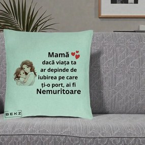 Cadou pentru Mama - Perna Personalizata Mama Nemuritoare cu Balon Inima, 40x40 cm, Verde Menta, Husa Detasabila, Perna Inclusa, BEKZ®