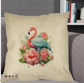 Perna Decorativa Flamingo cu Hibiscus Tropical, 40x40 cm, Crem, Husa Detasabila, Perna Inclusa, BEKZ®