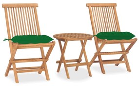 Set mobilier pliabil exterior cu perna, 3 piese, lemn masiv tec Verde, 3
