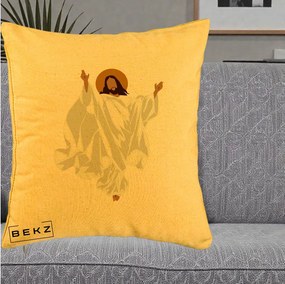 Perna Decorativa Iisus Hristos Invierea Silueta Minimalista, 40x40 cm, Galben, Husa Detasabila, Perna Inclusa, BEKZ®