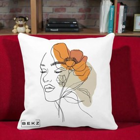 Perna Decorativa Portret Feminin Mac Mare Portocaliu, 40x40 cm, Alba Mata, Husa Detasabila, Perna Inclusa, BEKZ®