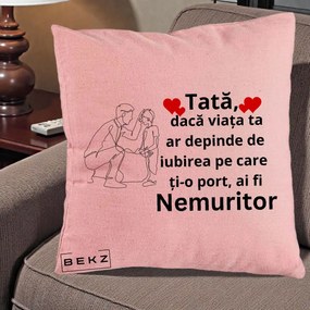 Cadou pentru Tata - Perna Personalizata Tata Nemuritor cu Inimi Rosii, 40x40 cm, Roz, Husa Detasabila, Perna Inclusa, BEKZ®