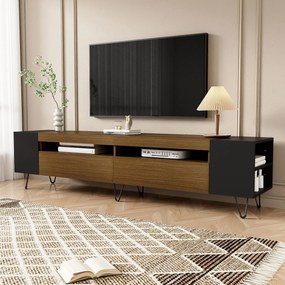 Dulap TV cu aspect de lemn, 2 compartimente deschise, rafturi laterale, 180x36x43 cm, Negru + Culoare naturală