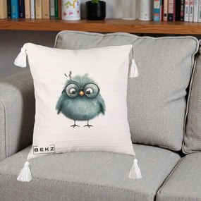Perna Decorativa Pui Teal cu Ochelari Rotunzi, 40x40 cm, Bej cu Franjuri, Husa Detasabila, Perna Inclusa, BEKZ®