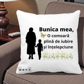 Cadou pentru Bunica - Perna Personalizata Bunica Mea Comoara cu Fluture si Baietel, 40x40 cm, Alba Mata, Husa Detasabila, Perna Inclusa, BEKZ®