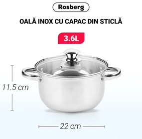 Oala Rosberg R51210O22, 3.6 L, 22x11.5 cm, Capac din sticla, Inox