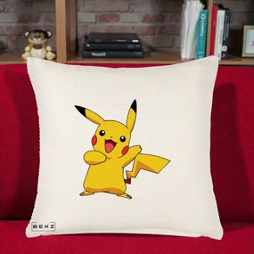 Perna Personalizata Pikachu Fericit, 40x40 cm, Crem Reliefat, Husa Detasabila, Perna Inclusa, BEKZ®