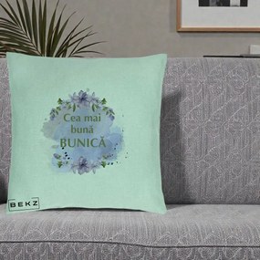 Cadou pentru Bunica - Perna Personalizata Cea Mai Buna Bunica Flori Mov Acuarela Auriu, 40x40 cm, Verde Menta, Husa Detasabila, Perna Inclusa, BEKZ®