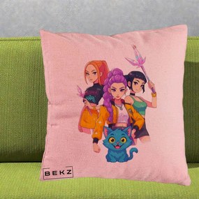 Perna Personalizata K-pop HUNTRX Trio cu Pisica si Cristale, 40x40 cm, Roz, Husa Detasabila, Perna Inclusa, BEKZ®