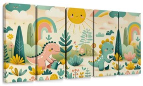 Tablou 5-piese dinozauri veseli într-un peisaj curcubeu