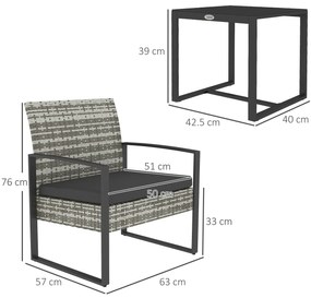 Outsunny Salon de jardin 3 piese 2 scaune cu perne + masă de cafea cu blat din sticlă securizată rășină tressée gri deschis | Aosom Romania